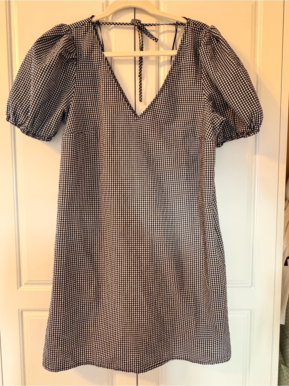 A New Day Black & White Gingham Puff Sleeve V-Neck Mini Dress Medium NWT